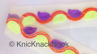 Beige Net With Green, Purple And Orange Embroidery, Leaves Pattern Trim